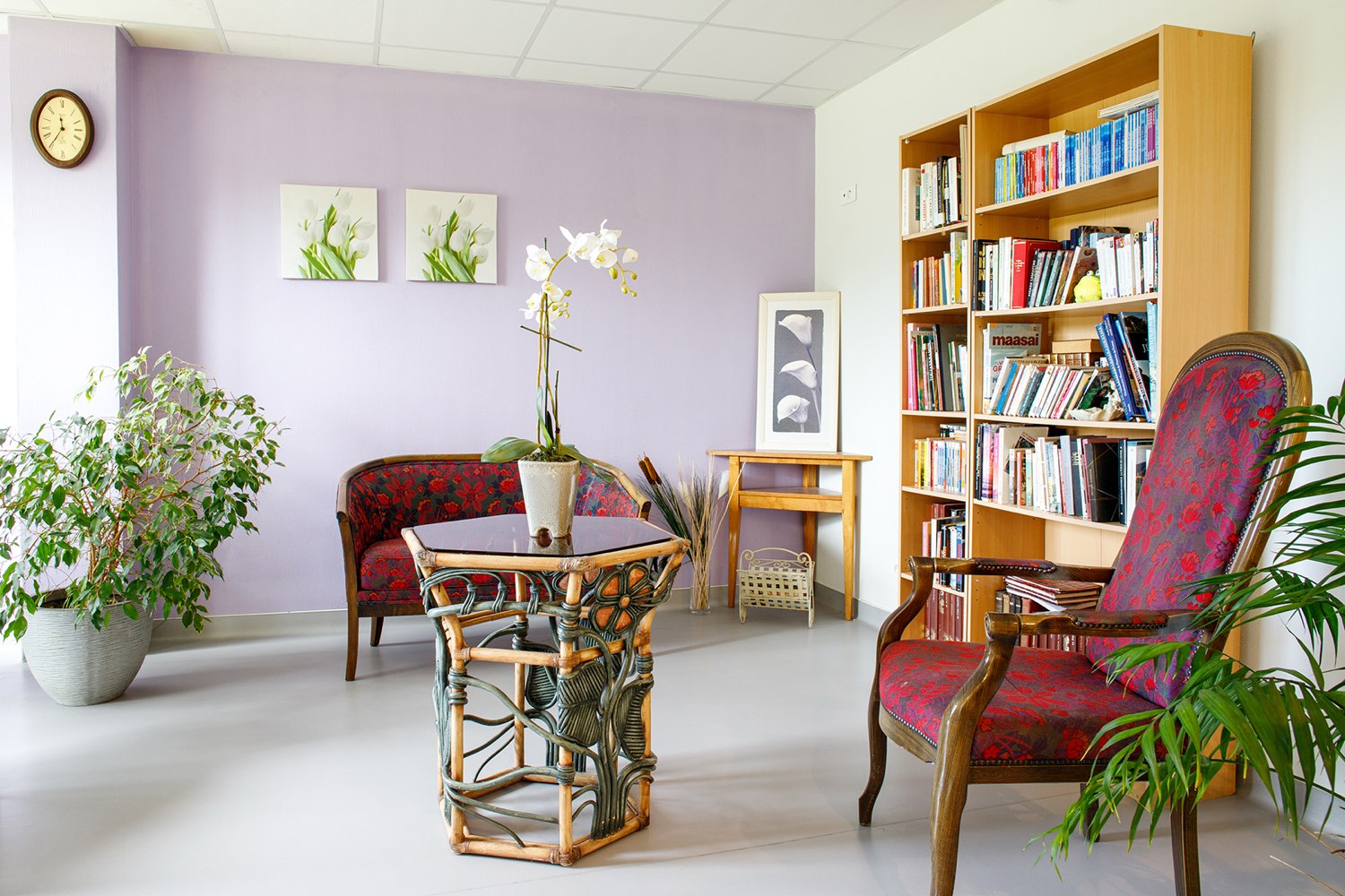 Salon des familles cosy avec coin bibliothèque et fauteuils